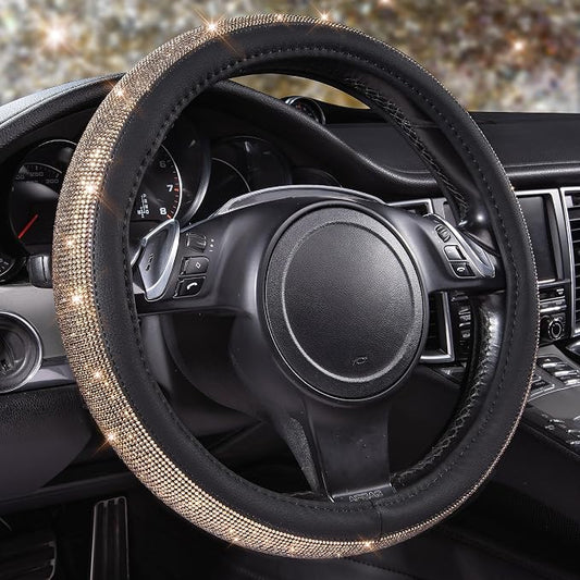 CAR PASS Bling Champagne Diamond Steering Wheel Cover, Black Leather Universal Fit 14.5-15inch Glitter Rhinestones for Women Sparkle Crystal Girly Shining for SUV,Vans,Sedan,Car,Truck, Black Champagne