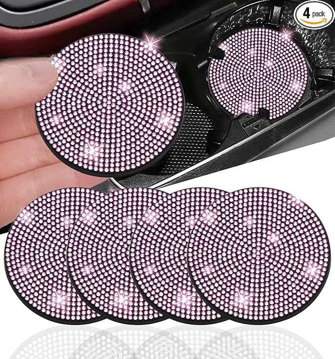 NBTEPEM 4pcs Bling Car Cup Holder Coaster, 2.75 inch Anti-Slip Shockproof Universal Fashion Car Coasters Insert Bling Crystal Rhinestone Automotive Interior Accessories for Women (Pink)
