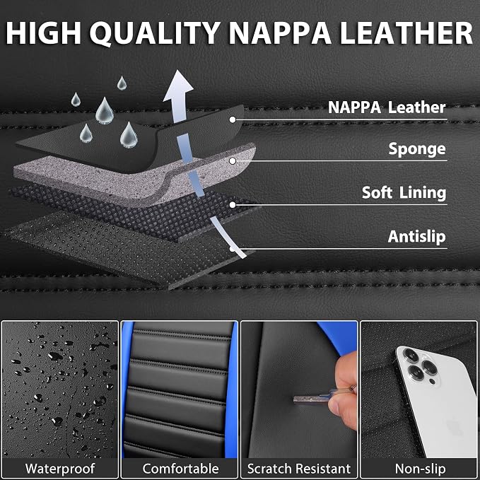 CAR PASS Nappa Leather Car Seat Covers Full Set, Luxury Seat Protector for Cars, Waterproof Anti-Slip Seat Cushion Armrest Compatible Airbag Universal for Sedan SUV Pick-up Truck Auto, Black Blue