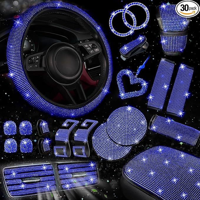 NBTEPEM 30 Pcs Blue Bling Car Accessories Set for Women, Blue Steering Wheel Cover Set, Bling Console Cover, Seat Belt Cushion, Shift Knob Cushion, Cup Coaster, Rhinestone Car Hanging Accessories