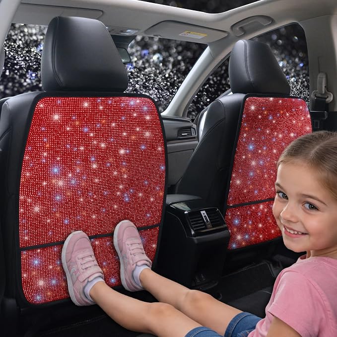 Luxury Bling Car Seat Back Protectors with Pockets – Sparkling Rhinestone Kick Mats, Universal Fit PU Leather Back Seat Covers for SUV Leather Seats, Diamond Protectors for Girls Red 2pcs