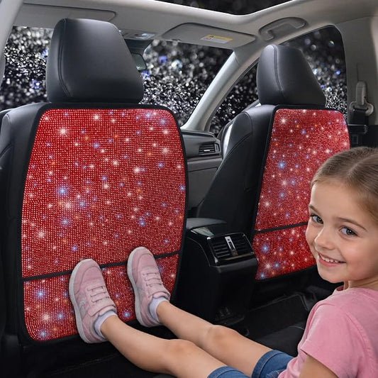 Luxury Bling Car Seat Back Protectors with Pockets – Sparkling Rhinestone Kick Mats, Universal Fit PU Leather Back Seat Covers for SUV Leather Seats, Diamond Protectors for Girls Red 2pcs