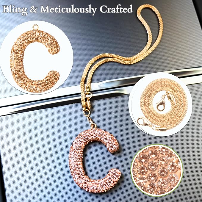 Bling Car Accessories for Women Letter Charm, Rainbow Crystal Rearview Mirror Pendant, Cute Diamond Rhinestone Car Decor, Lucky Gift for Women(C, Champagne Gold)