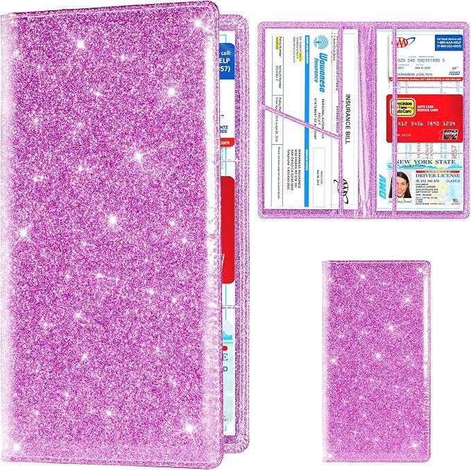 TOURSUIT Car Registration and Insurance Card Holder, Glitter Purple | Vehicle License Document Organizer, Glove Box Compartment, Interior Car Accessories, For Women Men