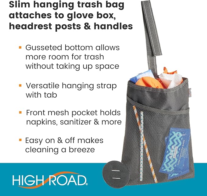 High Road Small Trash Can for Car and Auto Trash Bag for Car Front Seat | Hanging Car Trash Bag With Magnetic Closure and Front Storage Pocket - Holds a Gallon of Wet or Dry Car Garbage