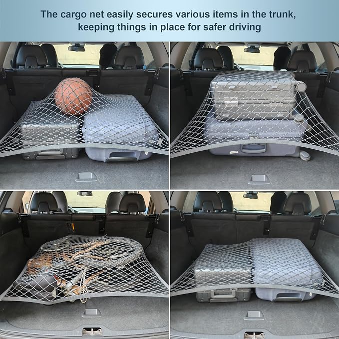 SUV Trunk Cargo Net 27.5x19.6 Inch Elastic Mesh with ABS Hooks Gray | Durable elastic mesh with ABS hooks, stretches to 49x43" fits most vehicles, tool-free install, keeps cargo stable