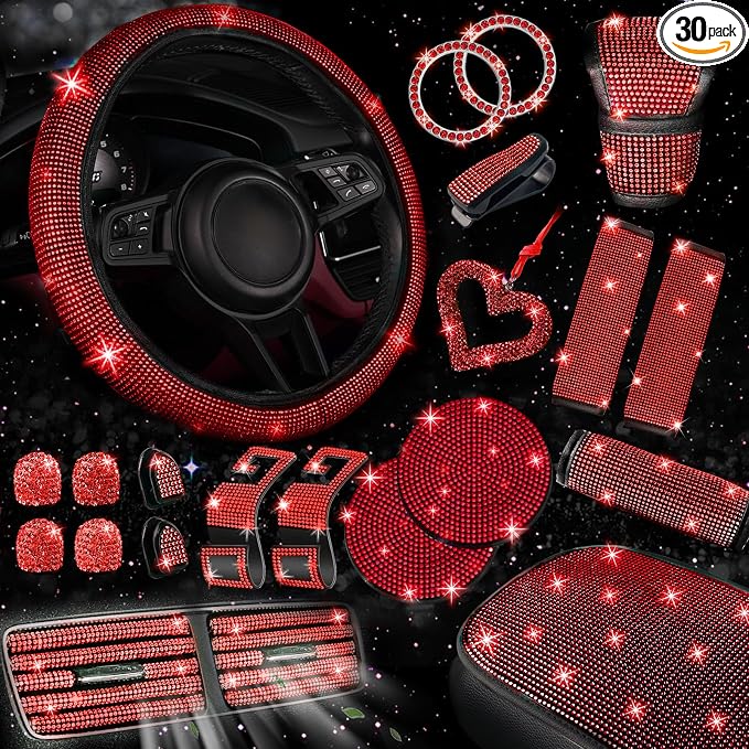 NBTEPEM 30 Pcs Red Bling Car Accessories Set for Women, Red Steering Wheel Cover Set, Bling Console Cover, Seat Belt Cushion, Shift Knob Cushion, Cup Holder Coaster, Rhinestone Car Hanging Accessories