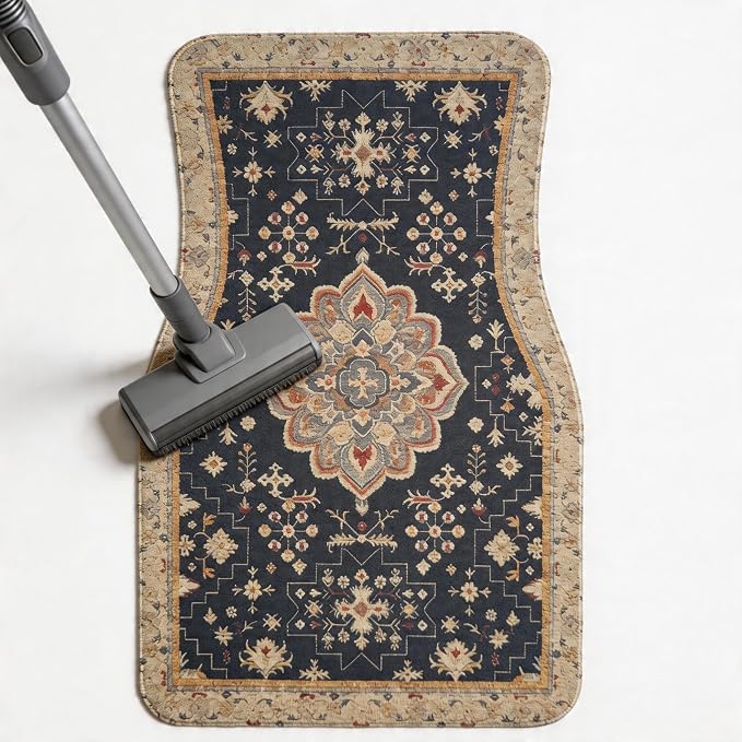 Vintage Persian Navy Car Floor Mats 4-Pack Boho Rug Style | Boho Persian car floor mats 4-piece set, navy medallion rug print, fits sedans SUVs trucks, non-slip