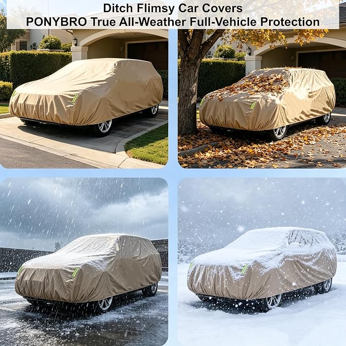Oxford Car Cover Waterproof All Weather Protector Universal SUVs | 210D Thick Oxford Full Cover with Soft Cotton Liner for UV Hail Snow Ice Dust Protection , 9 Windproof Straps Easy Install