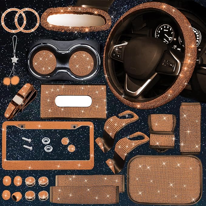 25PCS Bling Car Accessories Set,15 Inch Steering Wheel Cover,Shiny License Plate Frame,Center Console Cover and Rearview Mirror Set and Other Car Accessories(Orange)