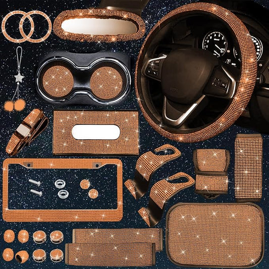 25PCS Bling Car Accessories Set,15 Inch Steering Wheel Cover,Shiny License Plate Frame,Center Console Cover and Rearview Mirror Set and Other Car Accessories(Orange)