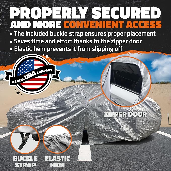 Mockins 190"x75"x60" 190T Polyester Soft Sedan Car Cover with Zipper Door | Indoor & Outdoor Weatherproof Car Covers for Automobiles | Full Exterior Covers for Snow, Frost, UV, Light Rain & Foliage