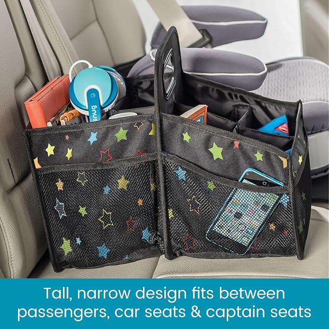 High Road Car Seat Caddy Organizer with Cup Holders - Middle Seat Car Organizer for Kids or Passenger Seat Organizer for Drivers - Portable Car Storage Bin with Easy Carry Handle (Starry Night)