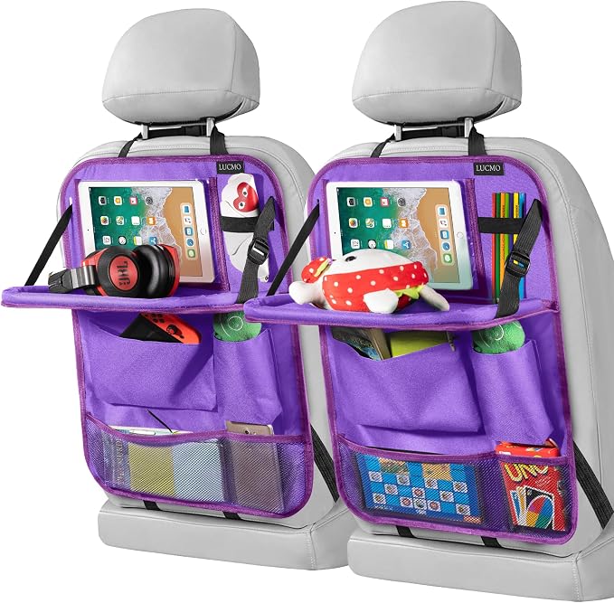 LUCMO Car Backseat Organizer with Foldable Tablet Holder, Dark Purple | 2 Pcs,6 Storage Pockets,Foldable Food Tray,Protectors Kick Mats,Travel Accessories,Seat Cover,Road Trip Essentials
