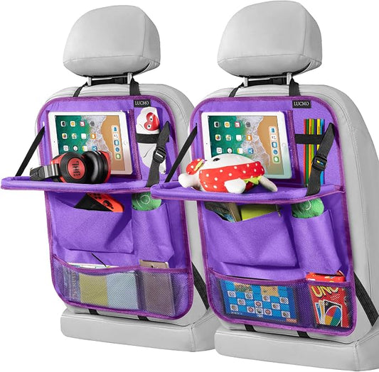 LUCMO Car Backseat Organizer with Foldable Tablet Holder, Dark Purple | 2 Pcs,6 Storage Pockets,Foldable Food Tray,Protectors Kick Mats,Travel Accessories,Seat Cover,Road Trip Essentials