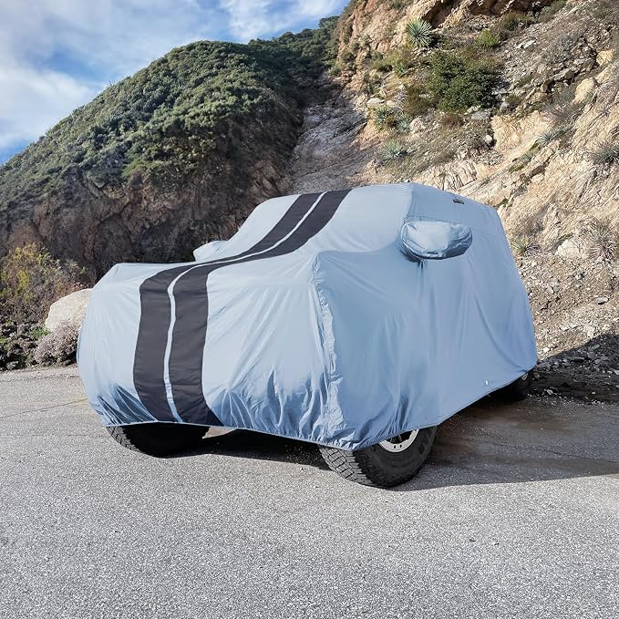 iCarCover Premium Heavy Duty SUV Car Cover - Waterproof All Weather Rain Snow UV Protection, Blazer K5, LR3, LR4, Tahoe 2-Door, RR Sport, Velar, Size S50 (See Size Chart), Stripe - Gray/Black