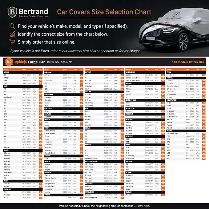 BERTRAND Heavy Duty Sedan Car Cover Waterproof All Weather - Snow, Rain & UV Outdoor Protection | Cotton-Lined, Up to 10-Point Anchoring + Door Zipper | Large Sedans, Silver-Black (185x71, A2)