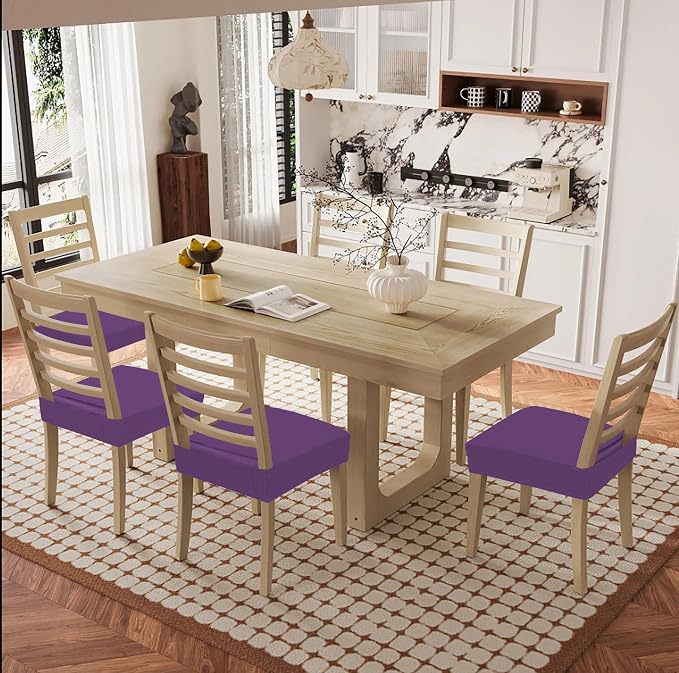 Smiry Waterproof Seat Covers for Dining Room Chairs Set of 8, Stretch Jacquard Removable Washable Chair Seat Slipcovers Protector, No Rear Covers, Purple