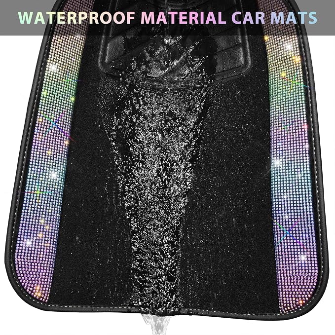 CAR PASS Iridescent Bling Rhinestones Diamond Car Floor Mats Waterproof, Anti-Slip PVC Heel Pad, Universal for Automotive SUV,Sedan,Van,4pcs Girl Women Lady Sparkly Shining Multicolor Colorful Crystal