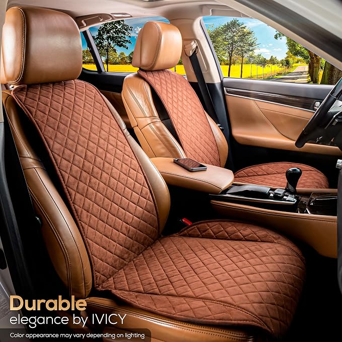 IVICY Faux Suede Front Car Seat Cover – Non-Slip Bucket Seat Protector for Most Cars, SUVs, Vans & Trucks – 1 Seat Cover, Machine Washable, Side-Airbag Friendly, Brown