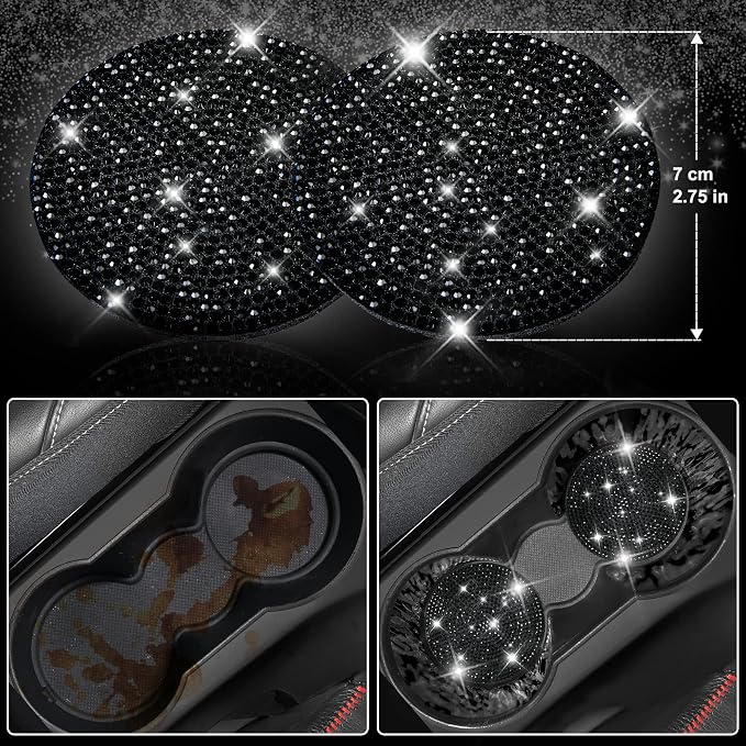 CAR PASS Bling Diamond Leather Car Seat Covers 11 PCS, Sparkly Rhinestone Steering Wheel Cover Glitter Cute Interior Car Accessories Sets Seat Belt Cushion Cup Holder Coaster Women Girl, Black Diamond
