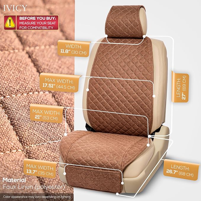 IVICY Faux Linen Front Car Seat Cover – Non-Slip Bucket Seat Protector for Most Cars, SUVs, Vans & Trucks – 1 Seat Cover, Machine Washable, Side-Airbag Friendly, Light Brown