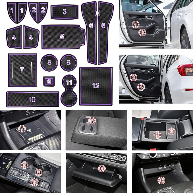 for Honda Civic Accessories 2022 2023 2024 2025 2026 11th Gen Sedan Cup Holder Insert Center Console Liner Door Slot Mats Pad Coaster Trim Premium Rubber Custom Interior 17PC Set(Purple Trim)