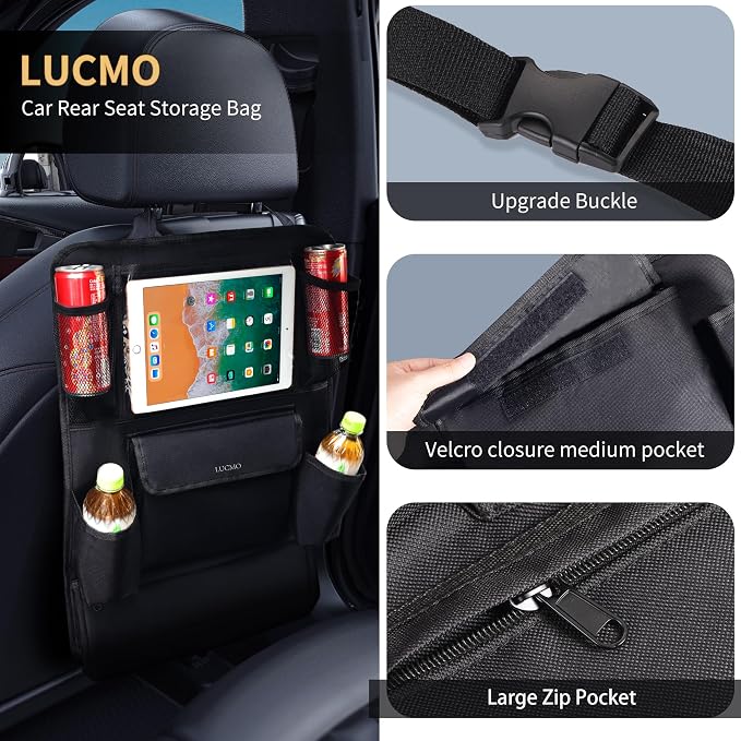 LUCMO Car Backseat Organizer with Touch Screen Tablet Holder, Black | 9 Storage Pockets,Clear Tablet Holder,Protectors Kick Mats,Travel Accessories,Seat Cover,Road Trip Essentials