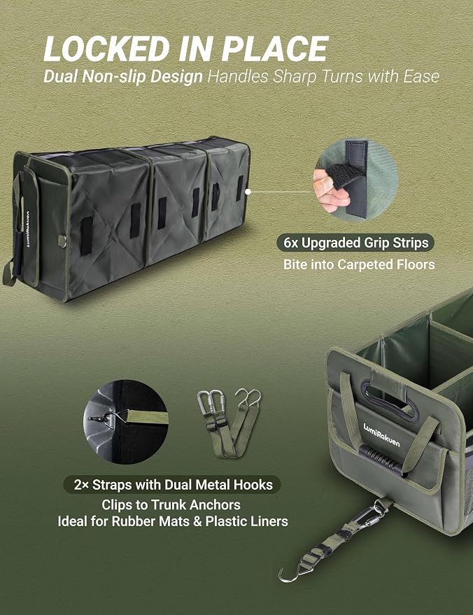 Heavy Duty Trunk Organizer with Lid for SUV & Truck (XL, Green) | 1680D Water-Resistant Fabric & 3.5mm PP Skeleton Collapsible Multi-Compartment Trunk features Dual Non-Slip Hooks