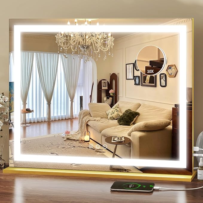 ROLOVE Gold Vanity Mirror with Lights 23x18 Inch, 3-Color Dimmable LED & Touch Control - Large Makeup Mirror for Dressing Room (Wall/Tabletop Mount)