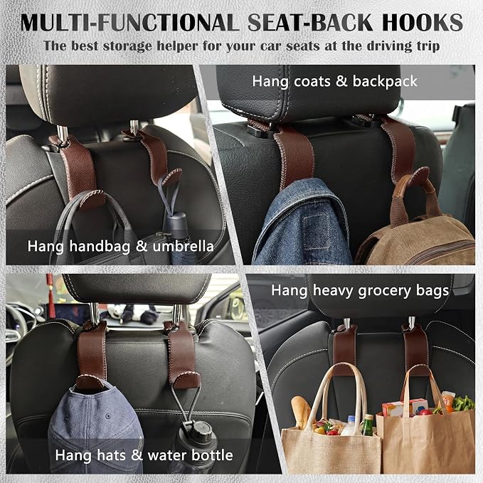 Amooca Car Seat Headrest Hook Universal Vehicle Storage Hanger Leather with Metal Car Seat Back Organizer for Handbag Purse Coat Brown 2 Pack
