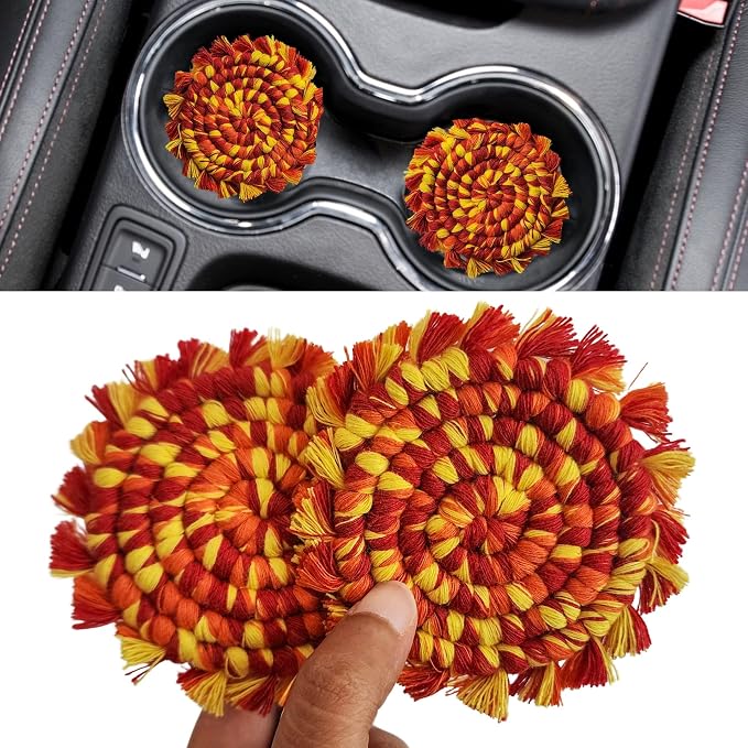 Cotton Car Coasters 2pc Car Cup Coasters Cute car Accessories for Women car Coaster for Cup Holders (Sunset Blaze)