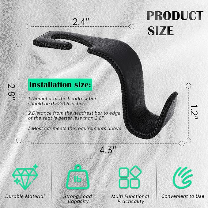 Amooca Car Seat Headrest Hook Universal Vehicle Storage Hanger Leather with Metal Car Seat Back Organizer for Handbag Purse Coat Black 4 Pack