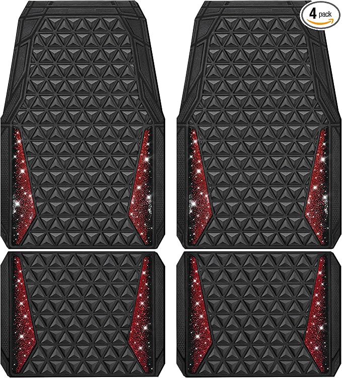 CAR PASS Bling Diamond Car Mats Rubber Floor Mats Full Set Anti-Slip 3D Rhombus Waterproof Trim to Fit Liner Universal Glitter Crystal Sparkly Shining Rhinestone Girl Women SUV Sedan Van, Black Red