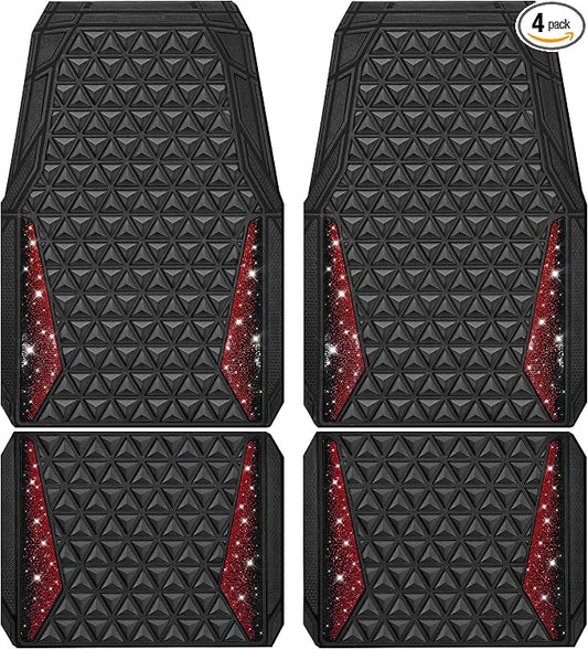 CAR PASS Bling Diamond Car Mats Rubber Floor Mats Full Set Anti-Slip 3D Rhombus Waterproof Trim to Fit Liner Universal Glitter Crystal Sparkly Shining Rhinestone Girl Women SUV Sedan Van, Black Red