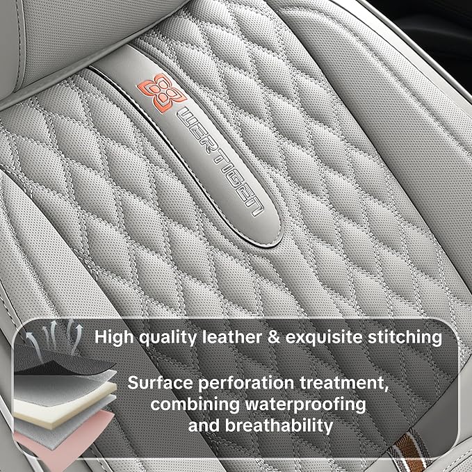 Car Seat Cover Complete Set, Light Gray, Suitable for Most Cars | with Lumbar Support, Premium Artificial Leather, Waterproof and Easy to Clean, Airbag Compatible