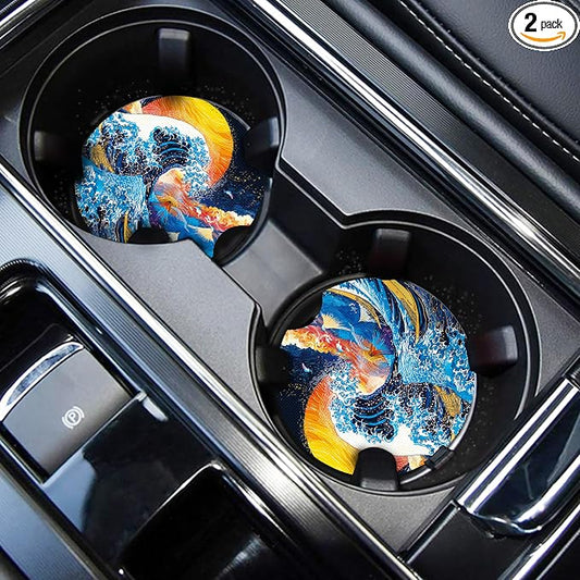 WOCOCN Cute Cup Holder Coasters for Your Car with Fingertip Grip, Auto Accessories for Women & Men,Pack of 2 (Waves)