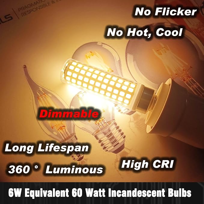 E12 Dimmable 6 Watt LED Light Bulb AC120V 600lm Warm White 2700K, 4 Pack | T6 C7 Candelabra Small Base, 60 Watt Halogen Equivalent, for Ceiling Fan Chandelier Pendant Wall Sconces Salt Lamp
