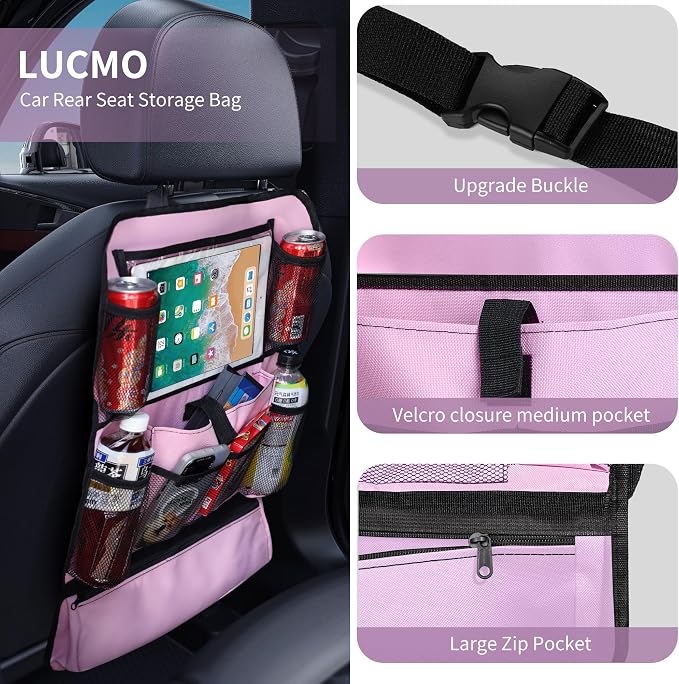 LUCMO Car Backseat Organizer with Touch Screen Tablet Holder, Pink | 2 Pcs,9 Storage Pockets,Clear Tablet Holder,Protectors Kick Mats,Travel Accessories,Seat Cover,Road Trip Essentials