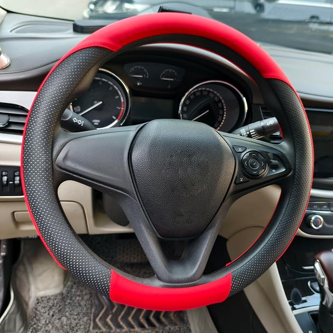 Breathable Perforated Leather Steering Wheel Cover, Universal 15-inch car Steering Wheel Grip, Soft and Comfortable, Breathable and Non-Slip, Suitable for sedans, Vans, SUVs (Red)