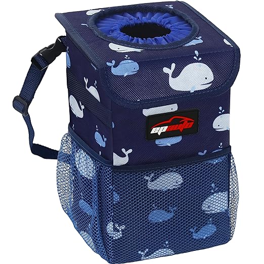 EPAuto Waterproof Car Trash Can with Lid and Pockets, 1.8 Gal, Blue | Leakproof, Collapsible Multipurpose Car Bin with 3 Side Storage Pockets, Adjustable Straps
