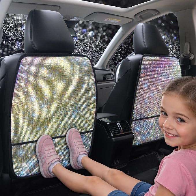 Diamond Bling Car Seat Kick Protectors with Storage – Sparkly Rhinestone Kick Mats, Universal Back Seat Cover for SUV, Crystal Auto Accessories for Stylish Moms Color 2pcs