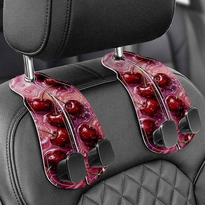 WOCOCN Purse Holder for Car, 2 Pack Heavy Duty Purse Hanger for Car, PU Leather Car Seat Hooks for Purses and Bags, Cute Cherry Headrest Organizer for Handbags & Backpacks