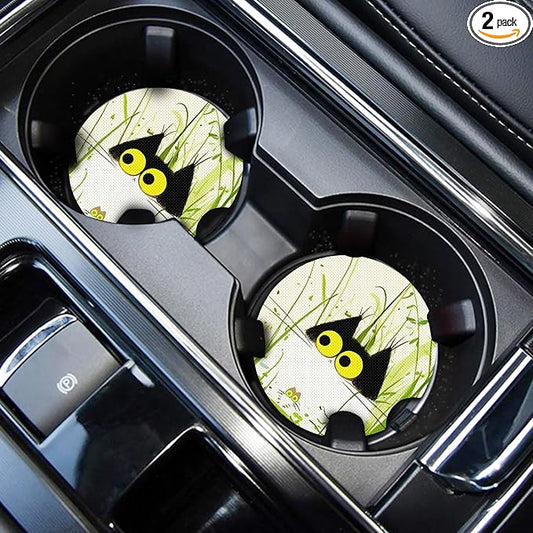WOCOCN Cute Cup Holder Coasters for Your Car with Fingertip Grip, Auto Accessories for Women & Men,Pack of 2(Grass Cat)