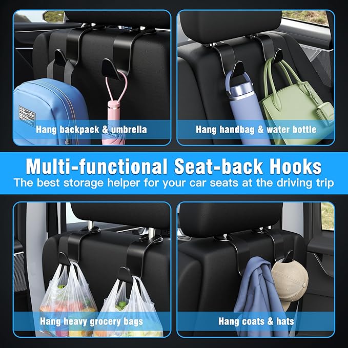 Amooca 4-Pack Car Headrest Hooks –Holds 55lbs Vehicle Storage Organizer for Purses Handbags Groceries Backpack Coats 360° Rotating Black