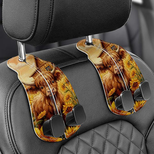 WOCOCN Purse Holder for Car, 2 Pack Heavy Duty Purse Hanger for Car, PU Leather Car Seat Hooks for Purses and Bags, Cute Cow Headrest Organizer for Handbags & Backpacks