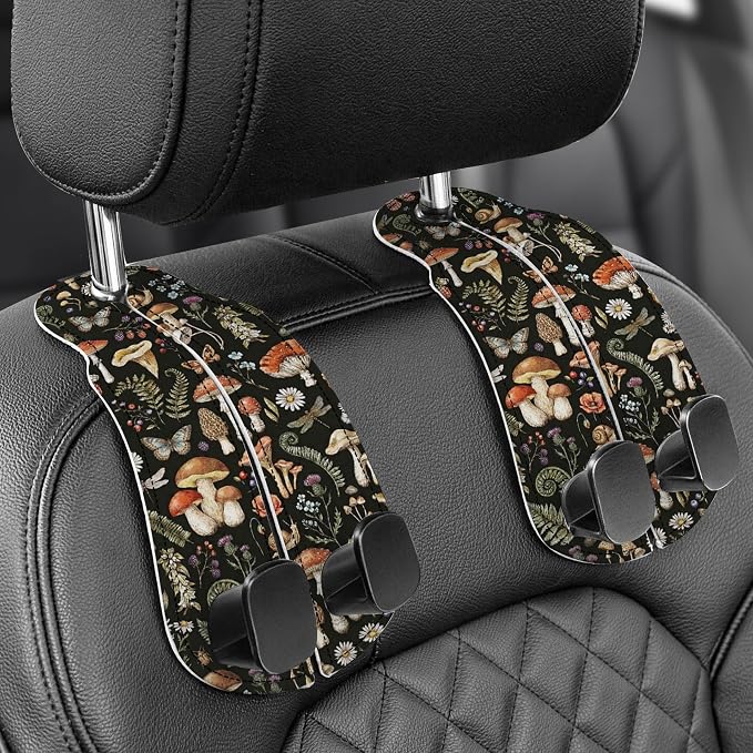 WOCOCN Purse Holder for Car, 2 Pack Heavy Duty Purse Hanger for Car, PU Leather Car Seat Hooks for Purses and Bags, Cute Mushrooms Headrest Organizer for Handbags & Backpacks