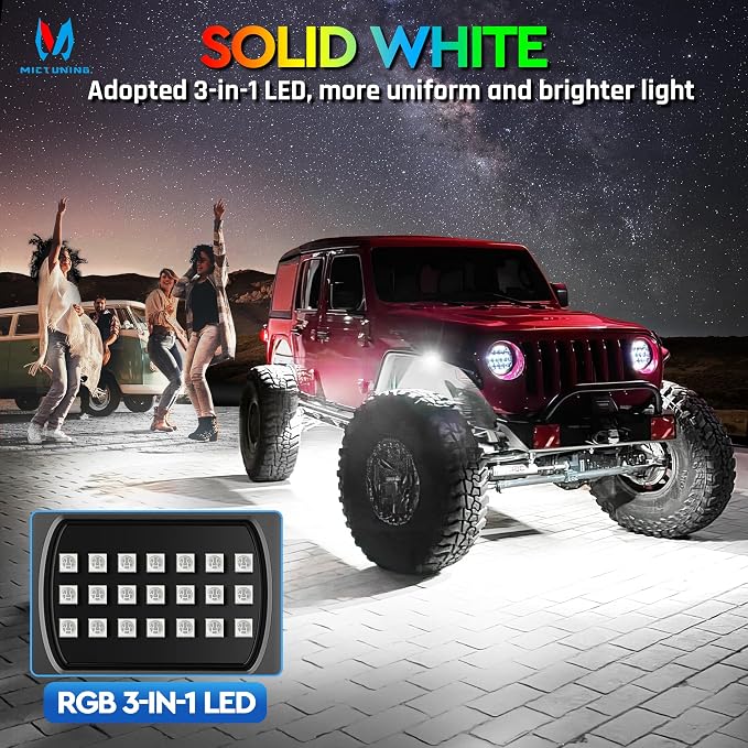 MICTUNING Q1 MAX RGB+IC Chasing Color Ultra-Bright Rock Lights 20 Pods Kits | 1000% Brighter 24 Light Chips Per Pod, Switch Wiring Kit, Aluminum Housing, IP68 Waterproof, Series/Parallel, Up to 24 Pods