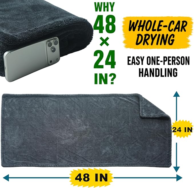 teworld® Car Drying Towel, Extra Large 48 x 24 Inch, 1400 GSM, Dual-Grey | Twisted Loop Microfiber Towel for Cars - Absorbent Car Dry Towel and Car Wash Towel for Streak-Free, Paint-Safe Car Detailing