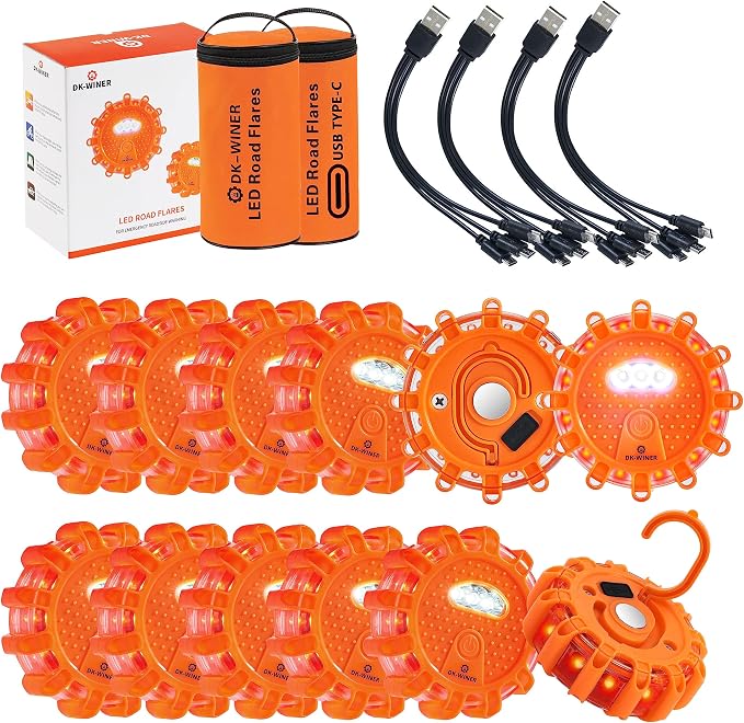 12 Pack Rechargeable LED Road Flares LED Emergency Roadside Warning Beacon Lights with Magnetic Base for Vehicles